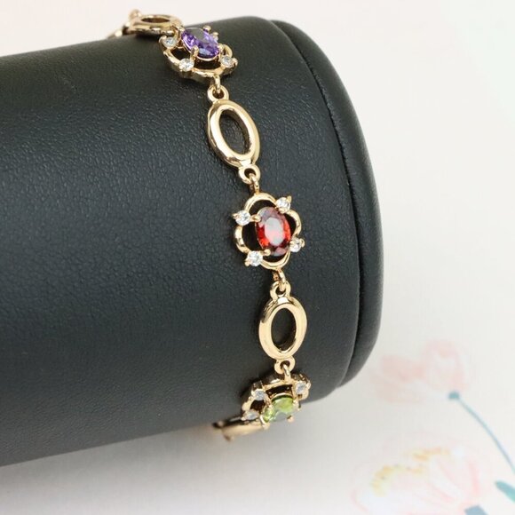 "Elegant Multicolor Oval Link Rose Gold Bracelet with Gemstones, XPBL1019 - Picture 10 of 11